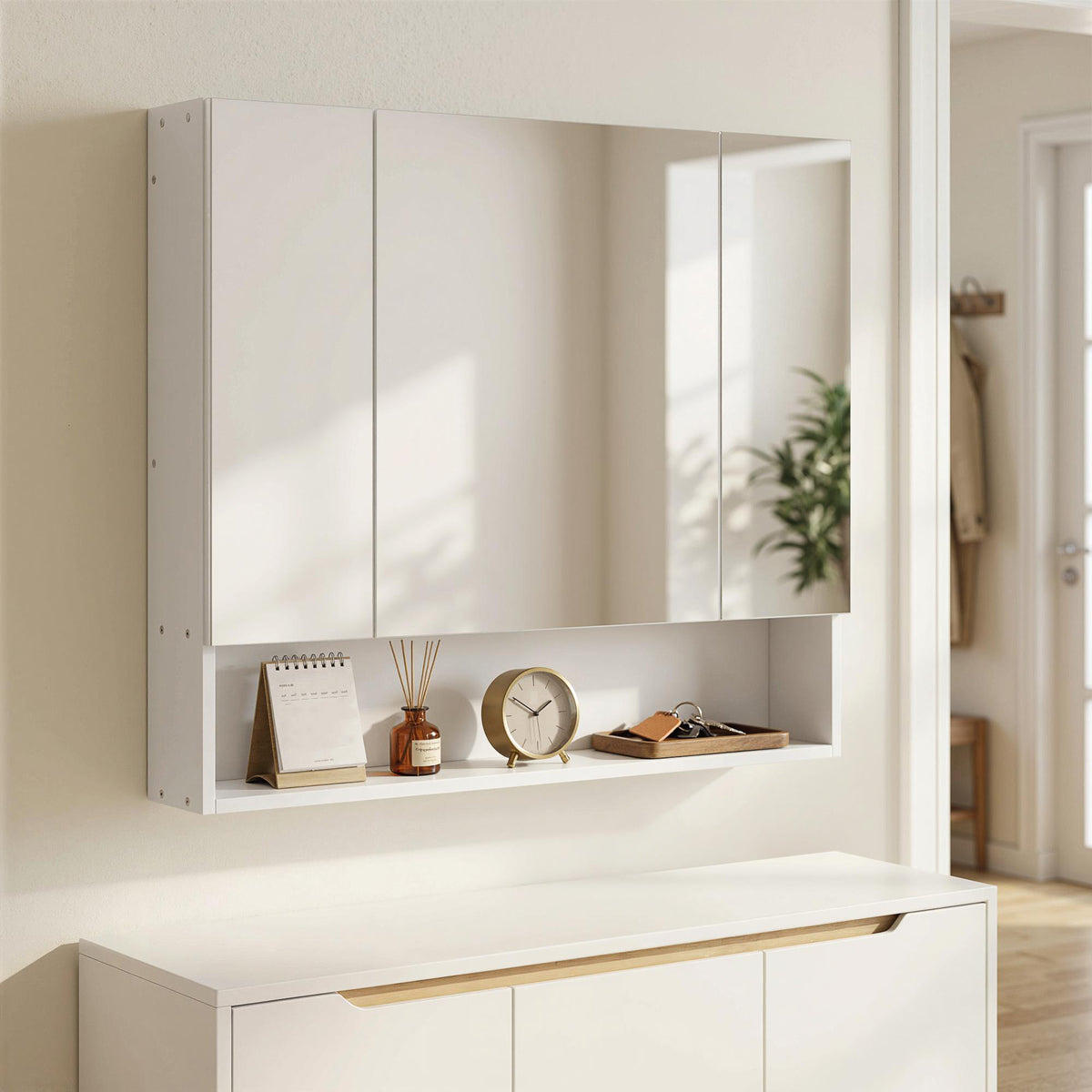 Armoire murale salle de bain avec miroir, armoire de toilette 3 portes miroir, étagères réglables, 90x15x75cm, blanc-8