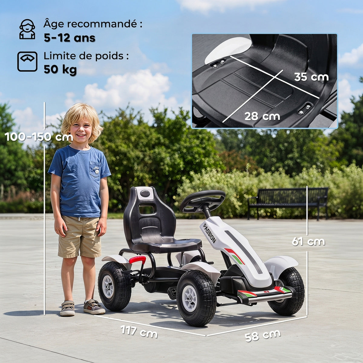 Kart à pédales pour enfant siège réglable 3 positions frein à main enfant de 5 à 12 ans blanc noir-2