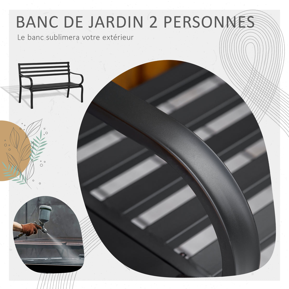 Banc de Jardin Design Contemporain 2 Places dim. 127L x 58l x 82H cm métal époxy Noir-3