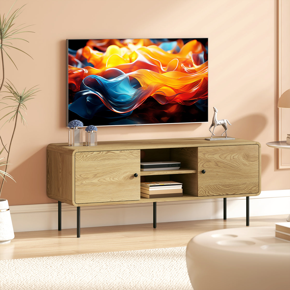 Meuble TV, meuble télé jusqu'à 55 pouces avec 2 portes, 2 compartiments ouverts, pieds en acier, 120x40x50cm, chêne-9