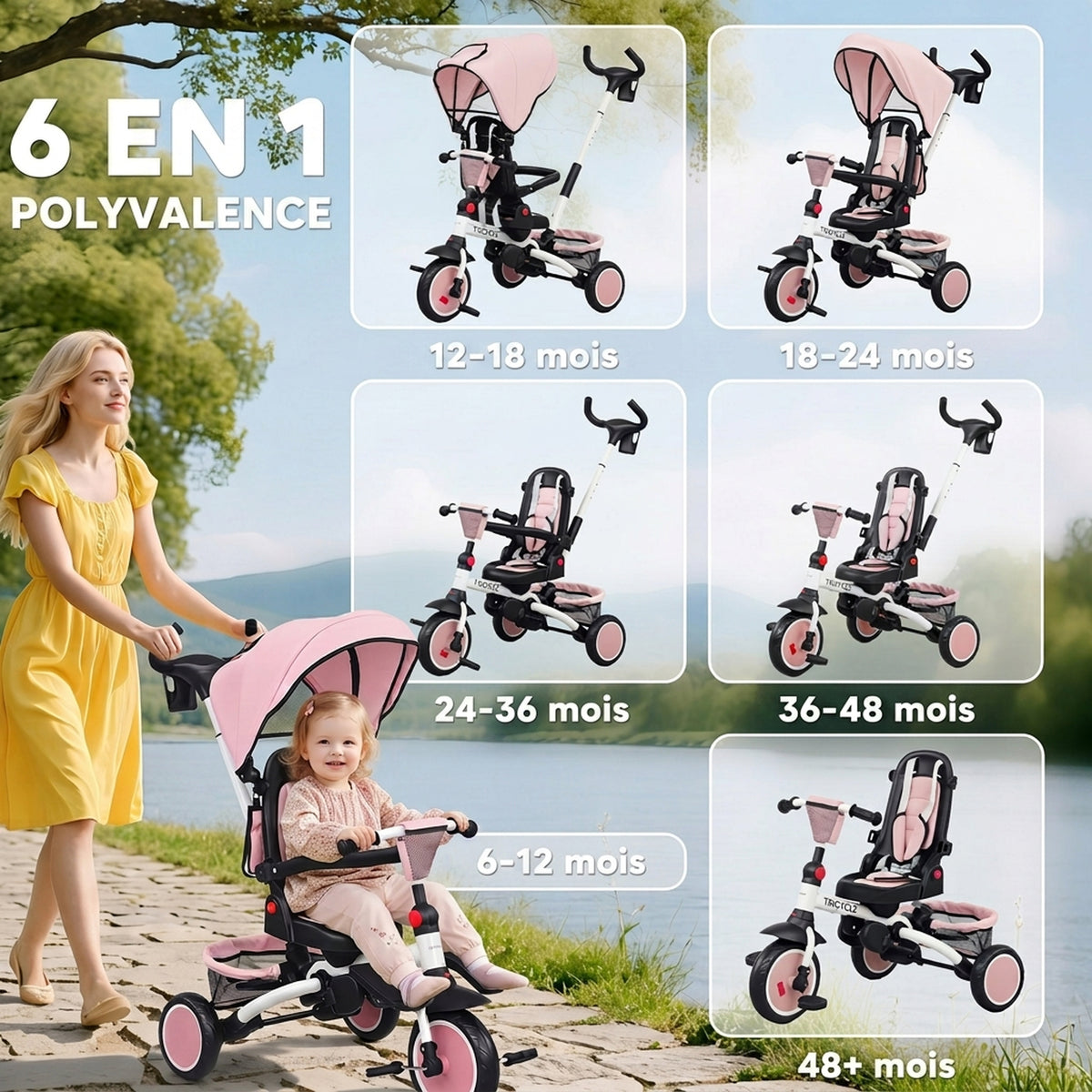 Tricycle bébé évolutif 6 en 1, tricycle enfant pliable avec poignée parentale réglable, siège pivotant 360°, rose-3