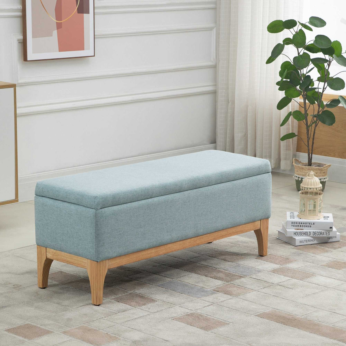 Banc de rangement, coffre de rangement avec couvercle amovible style scandinave, bout de lit en tissu lin, 110 x 39 x 45 cm, vert clair-1