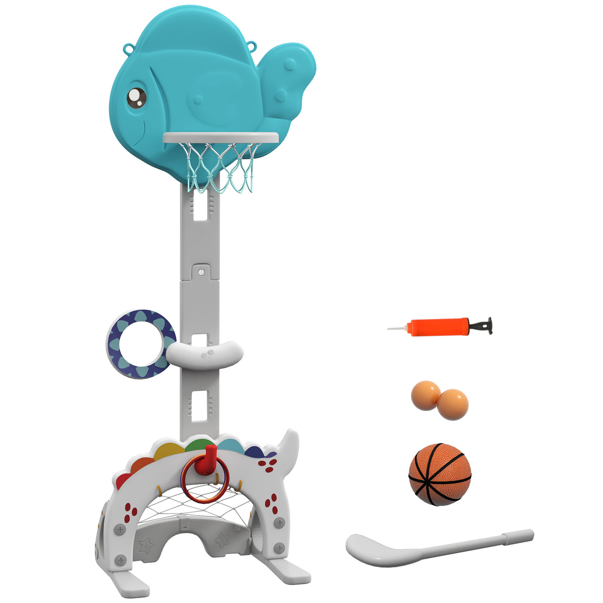 Panier de basket-ball pour enfants 5 en 1 hauteur réglable but de football balle de golf lancer d'anneaux bleu et gris-0