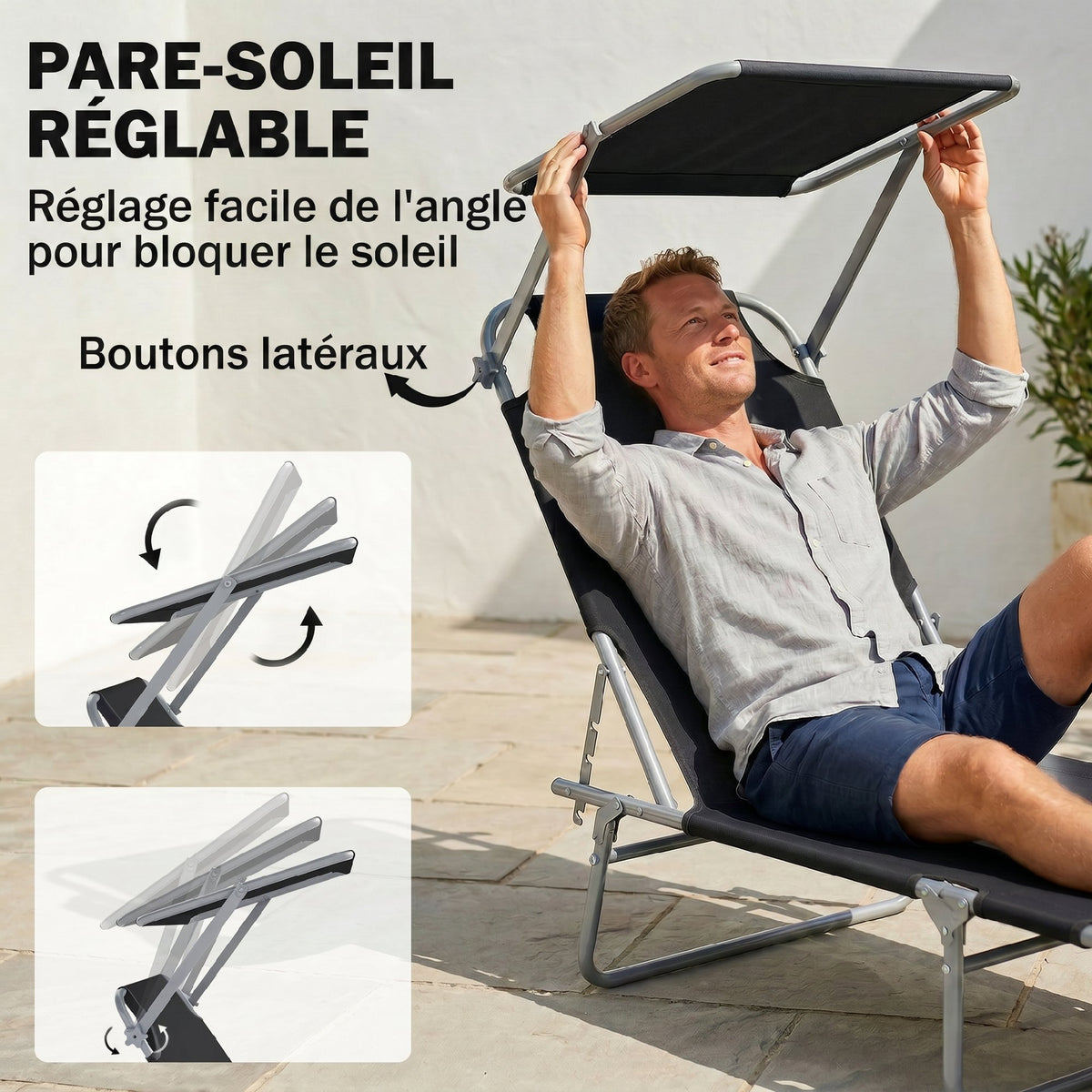Transat Bain de Soleil Pliable Chaise Longue Pliante Grand Confort Dossier Inclinable Multi-positions et Pare-Soleil réglable Dim. 187L x 58l x 36H cm Noir-3