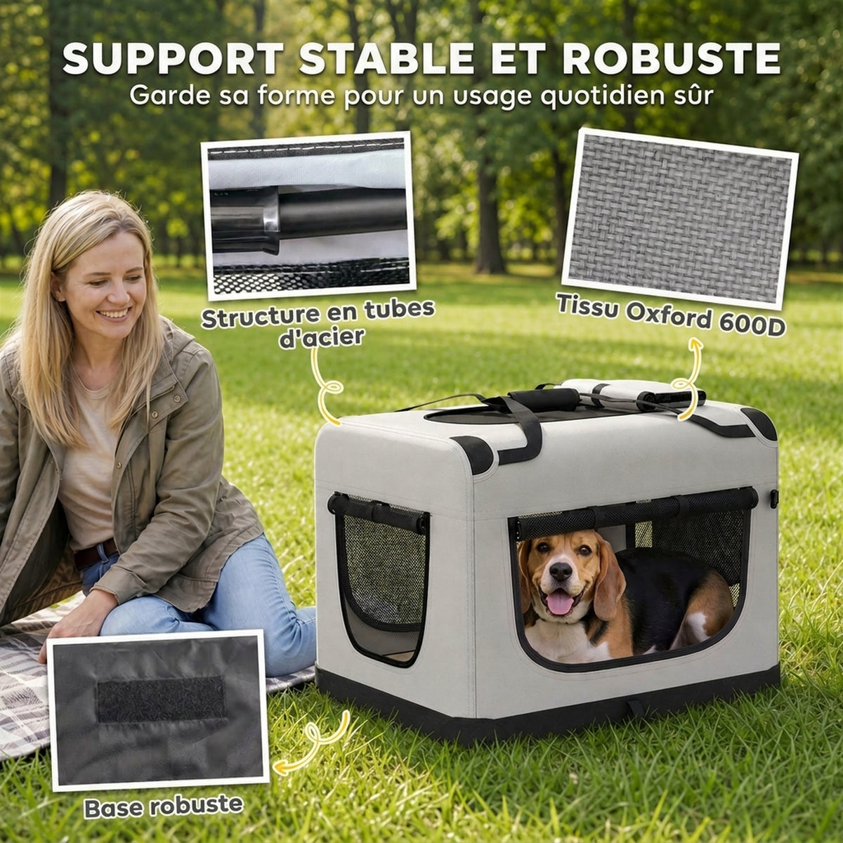 Grand Sac Transport Chat Chien Plaible Respirant Sangle Sécurité Coussin Lavable Gamelle Pliable 70x52x50cm Gris Clair-4