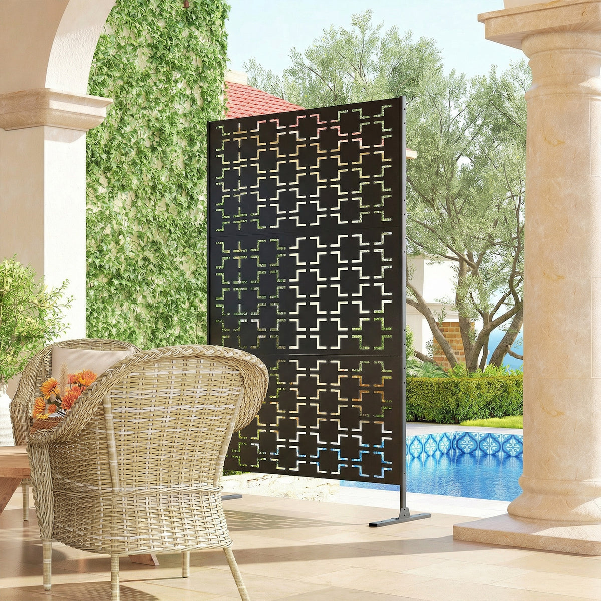 Panneau brise vue décoratif paravent extérieur à motif géométrique ajouré en métal - 122 x 45 x 198 cm, noir-6