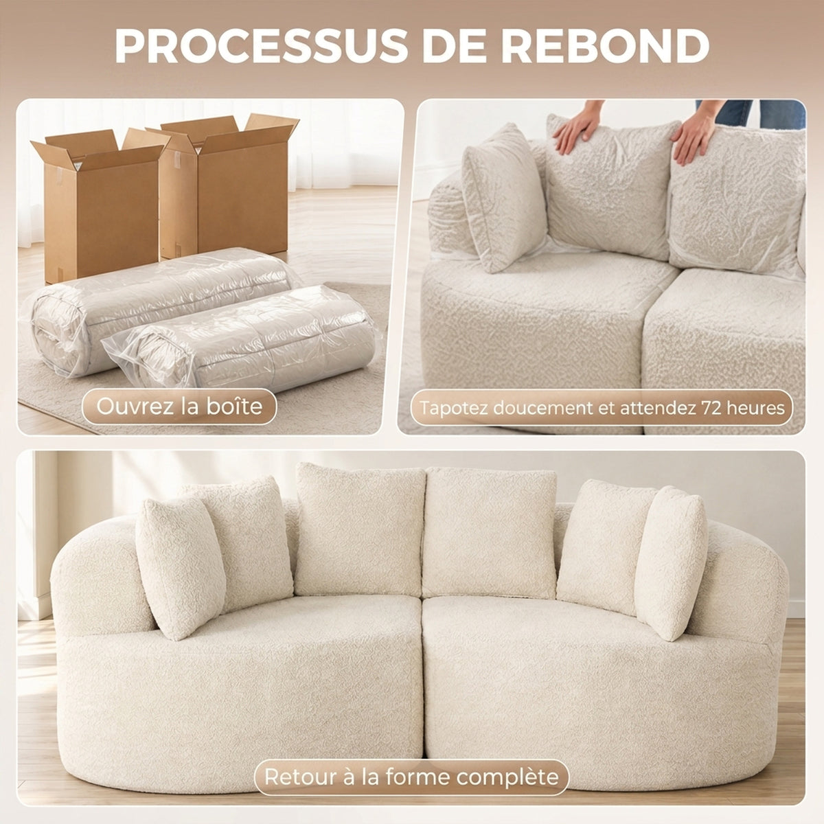 Canapé 3 Places Incurvé en Chenille 188 cm, Canapé Salon avec Assise Profonde, 6 Coussins, Rembourrage Épais, Crème-6