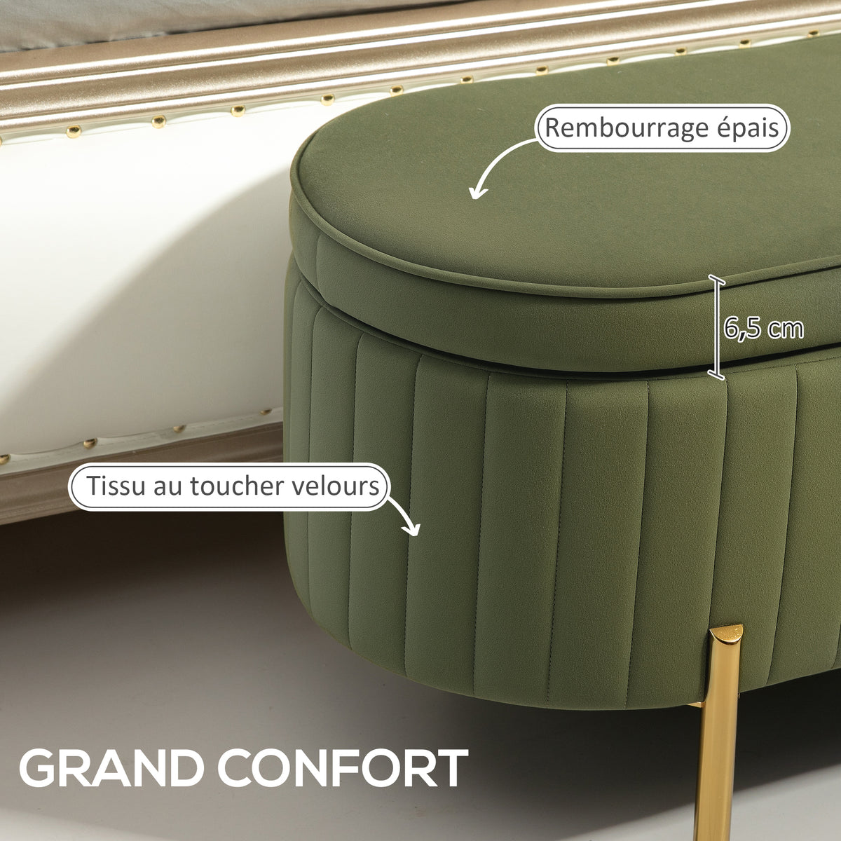 Banc de rangement, bout de lit en velours avec couvercle, pieds en métal, capacité 72 L, 107x42x45,5cm, vert foncé-3