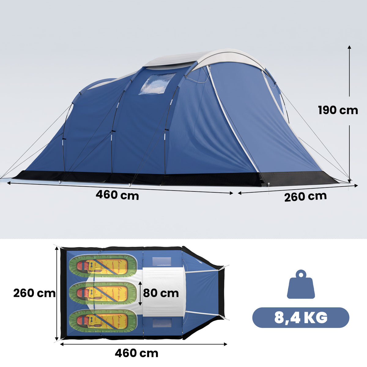 Tente de Camping Tunnel pour 4 Personnes Imperméable 3000mm Double Couche Hauteur 190cm Bleu Foncé-2