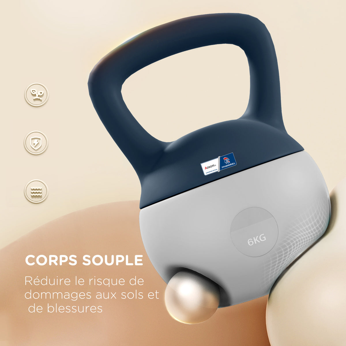 Kettlebell 6kg - Collaboration .fr x FFHandball - haltère avec poignée antidérapante, gris et bleu-3