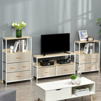 Meuble TV Bas sur Pieds Style Industriel 2 tiroirs en Tissu Gris Bois Naturel et métal Blanc-6