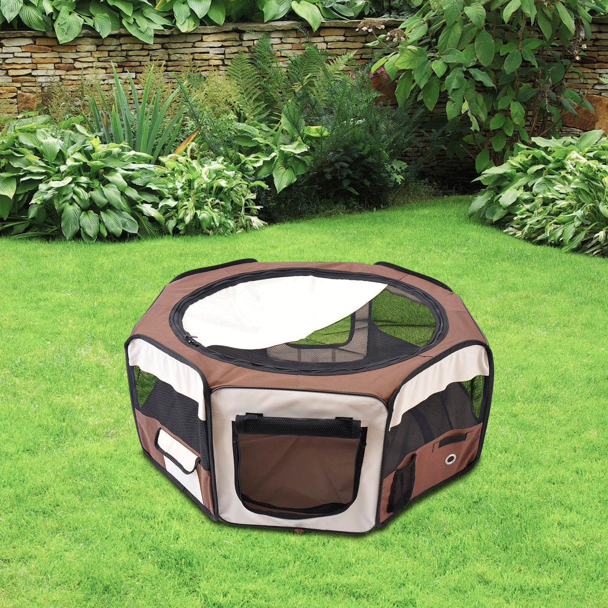 Parc enclos pliable pour chien chat petits animaux octogonal en tissu Oxford et acier Ø 90 x 41H cm marron beige-9