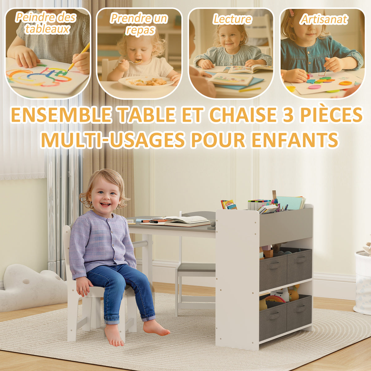 Ensemble table et 2 chaises enfant en bois avec rouleau de papier, étagères et tiroirs, pour fille garçon 3-8 ans, gris-3