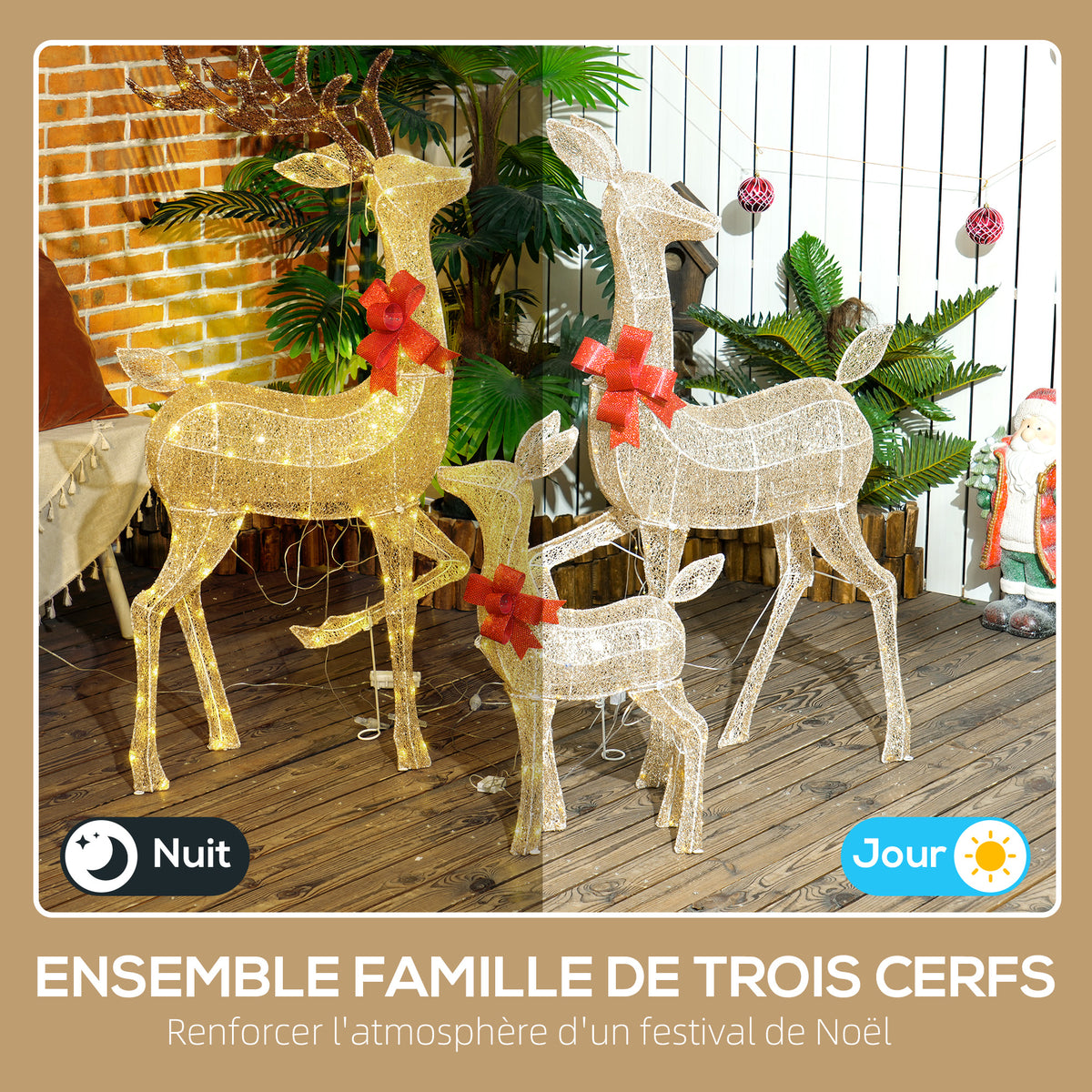 3 cerfs lumineux Noël, en forme de famille de cerfs, rennes lumineux Noël, en acier, 283 LED blanc chaud, or-3