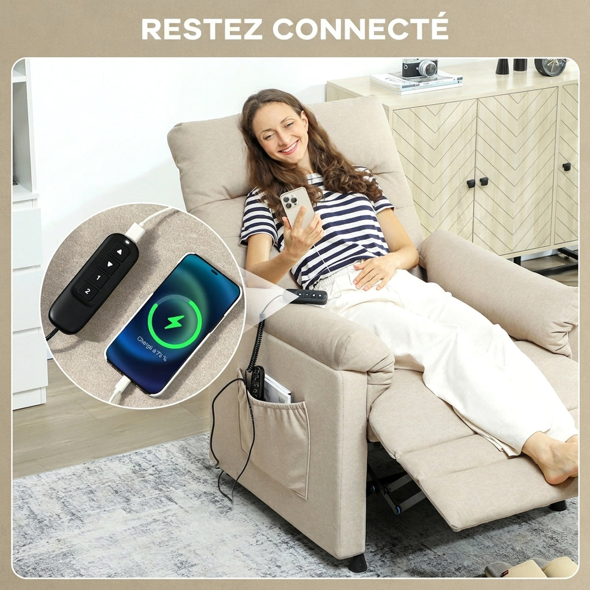 Fauteuil Relax Électrique Massant et Chauffant en Velours, Ultra Silencieux, Inclinable, Port USB, 82x99x106cm, Beige-8