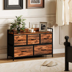 Commode, meuble de rangement avec 5 tiroirs en tissu pliables, plateau et cadre en acier, 98 x 29 x 63 cm, brun rustique-1