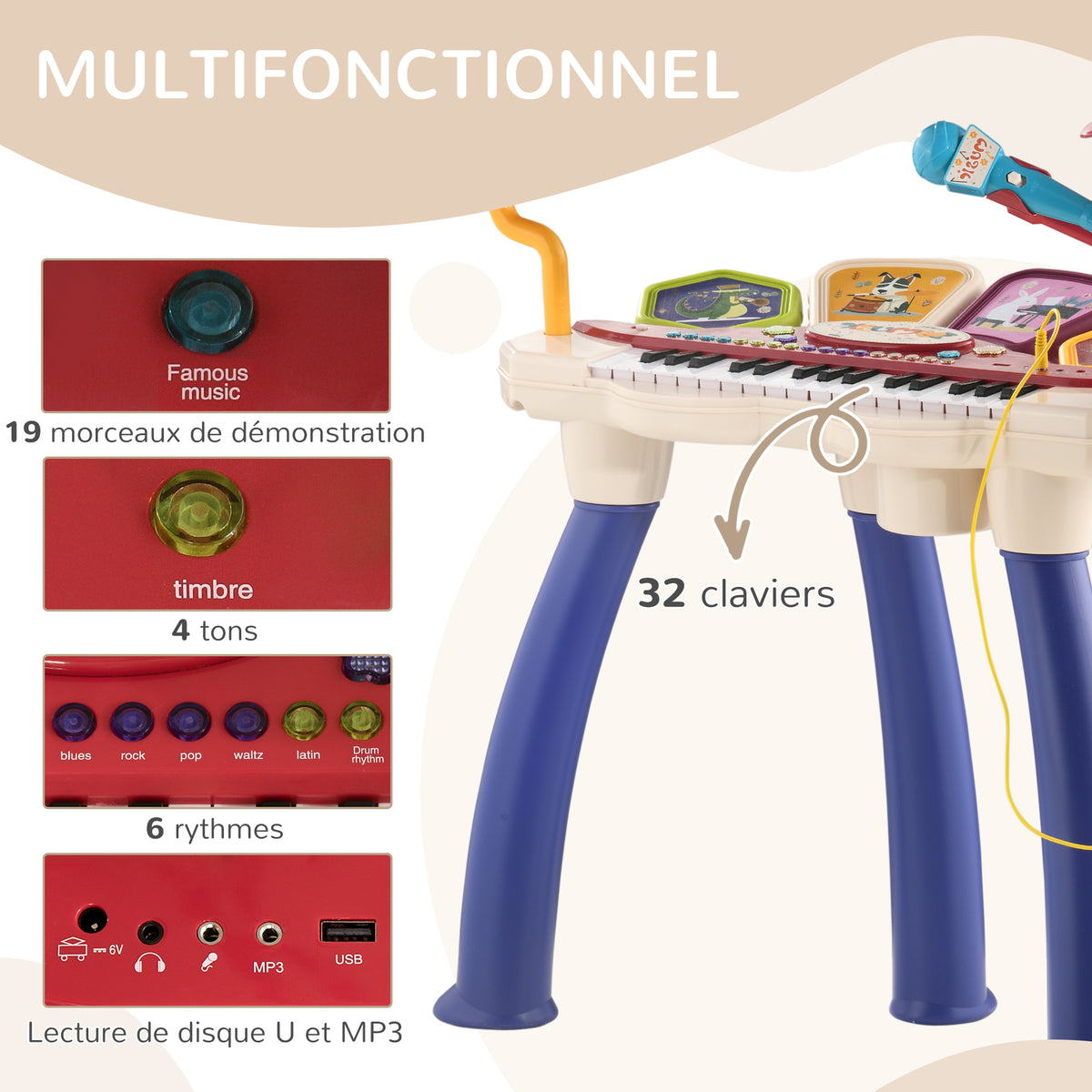 Ensemble de musique 2 en 1 pour enfant piano et batterie électronique avec micro et tabouret-3