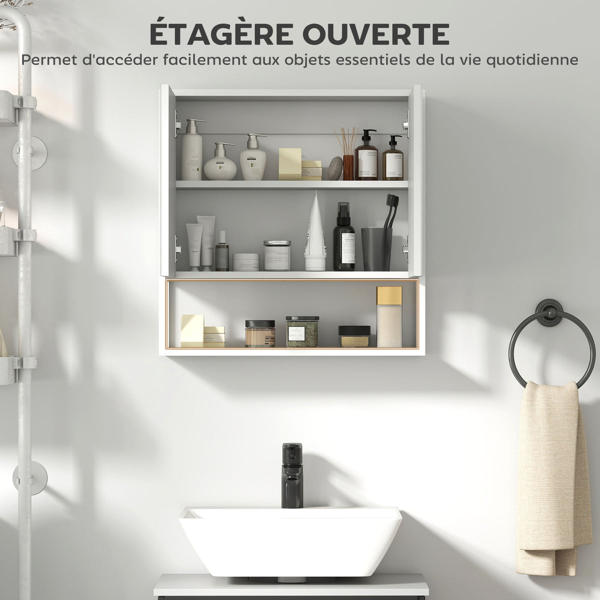 Armoire murale salle de bain avec miroir, meuble salle de bain, 2 portes miroir, étagère ouverte 60 x 16 x 60 cm blanc-6