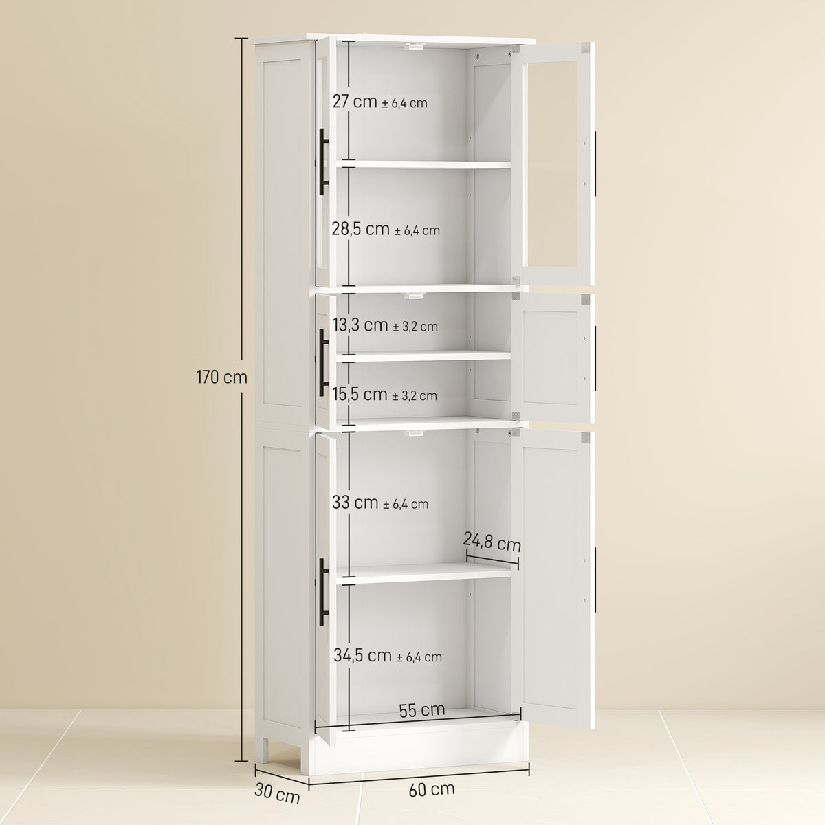 Meuble de salle de bain, meuble de rangement 6 niveaux, 6 portes dont 2 vitrées, étagères réglables, 60x30x170cm, blanc-2