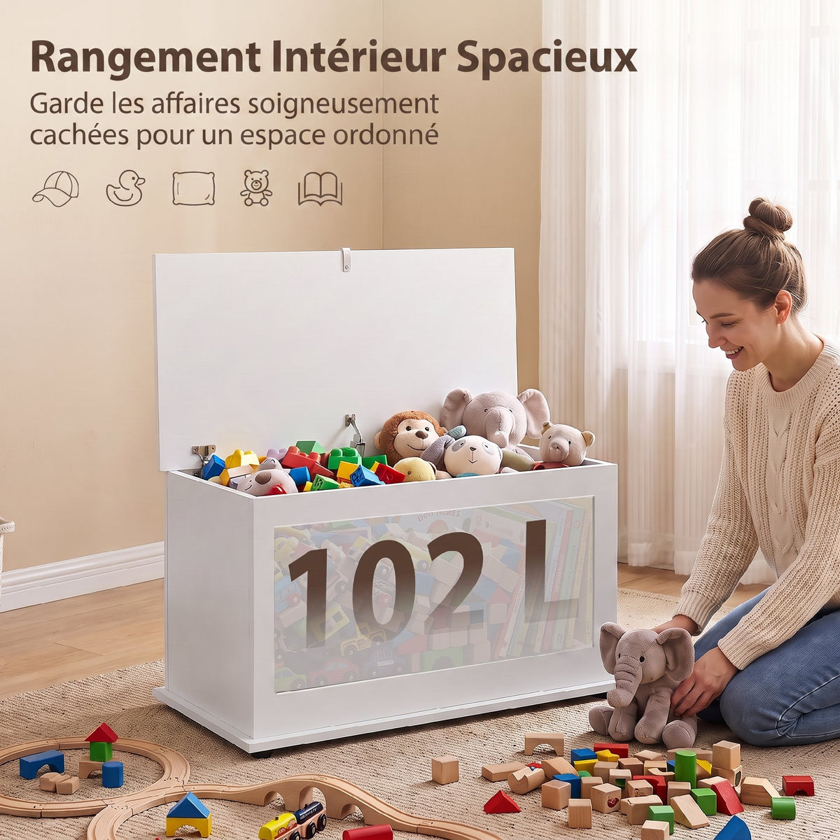 Coffre de Rangement, Banc de Rangement avec Couvercle Rabattable et Charnières de Sécurité, 80 x 40 x 45 cm, Blanc-3
