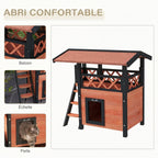 Cabane Chat Extérieur avec Terrasse, Escalier, Toit, Niche Villa, 77 x 50 x 73 cm Marron et Rouge-3