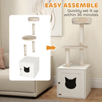 Arbre à chat avec maison de toilettes, tour de jeu 2-en-1 de 129 cm avec cache-litière, poteaux à griffer, crème-7