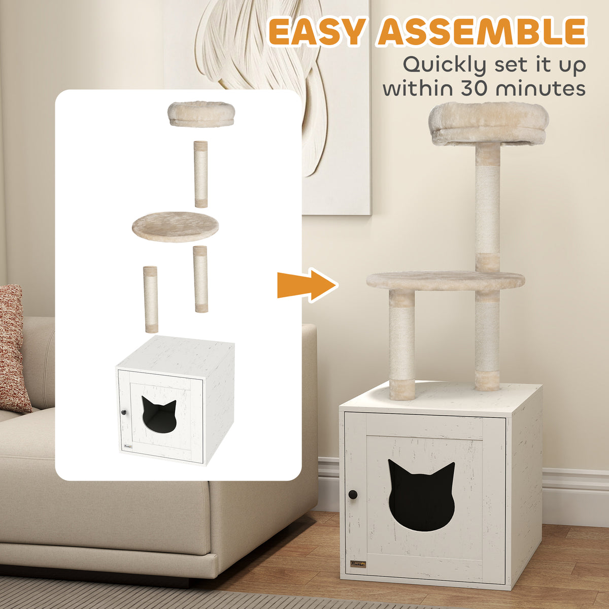 Arbre à chat avec maison de toilettes, tour de jeu 2-en-1 de 129 cm avec cache-litière, poteaux à griffer, crème-7