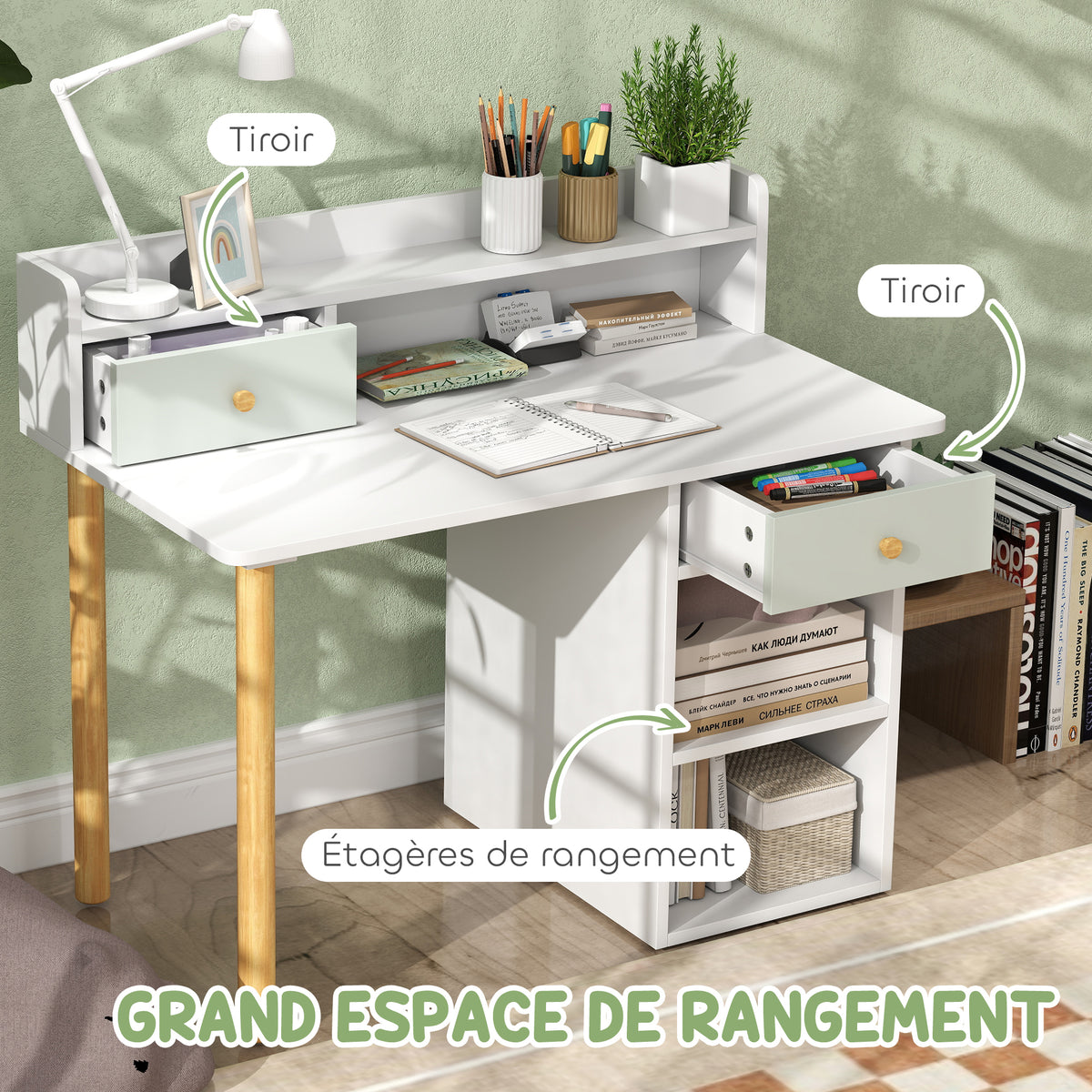 Bureau enfant avec chaise, table enfant et chaise avec 2 tiroirs et étagères ouvertes, 85 x 48 x 73 cm, vert-4