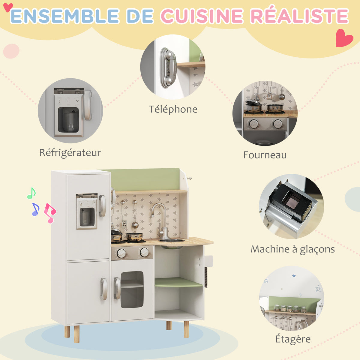 Cuisine enfant 3-8 ans jeu d'imitation avec machine à glaçons, évier mobile en acier inoxydable 84 x 34 x 89 cm blanc-3