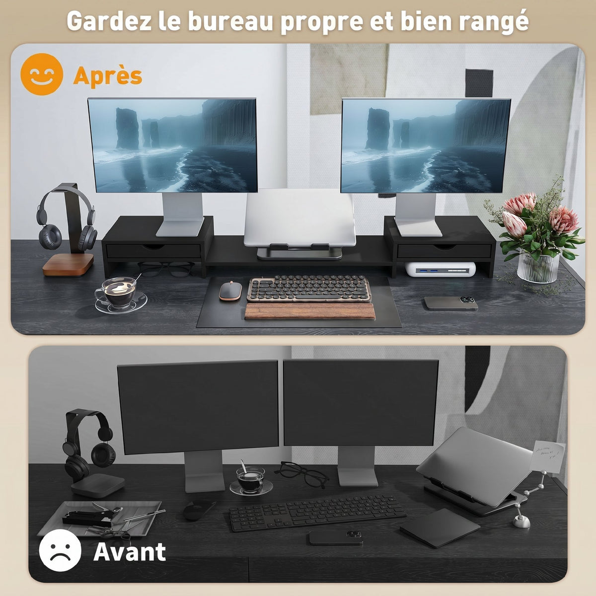 Rehausseur Écran PC Bureau, Support d'Écran d'Ordinateur de 60-116 cm avec 2 Tiroirs, Longueur et Angle Réglables Noir-4