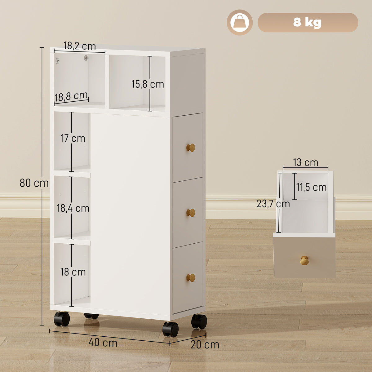 Meuble de salle de bain à roulettes, meuble de rangement étroit, 3 tiroirs, 5 compartiments ouverts, 20x40x80cm, blanc-2