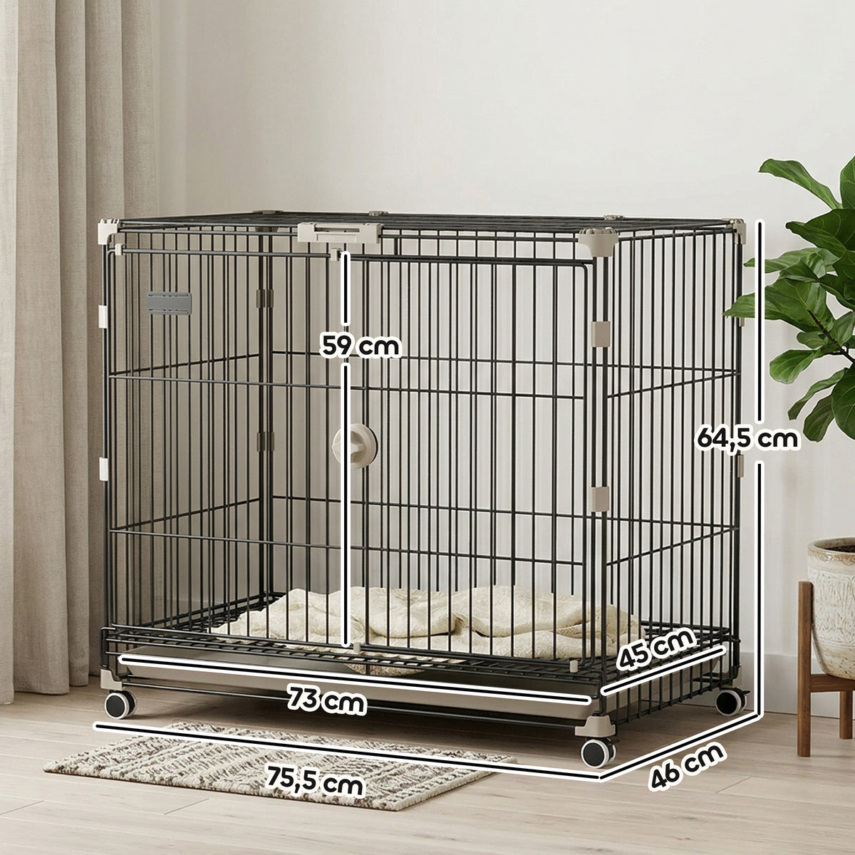 Cage pour Chien, Plateau Amovible, Roues avec Freins, Toit Ouvrant Verrouillable, 75,5x46x64,5cm, Noir-2
