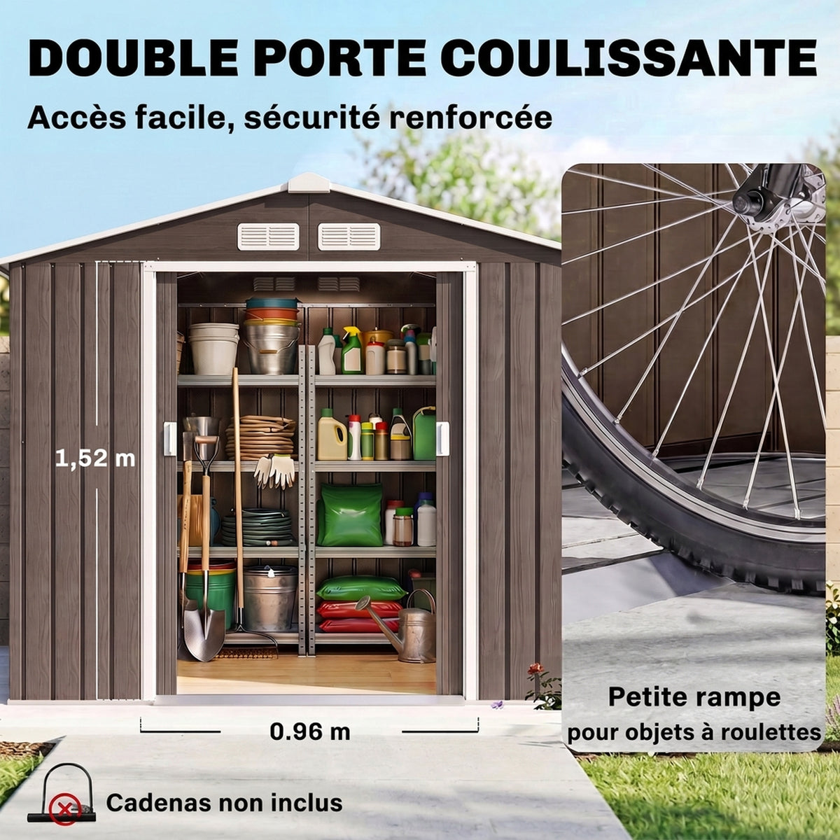 Abri de Jardin 2,42 m² - Remise pour Outils avec Fondation - cabanon Porte verrouillable - tôle d'acier marron clair-4