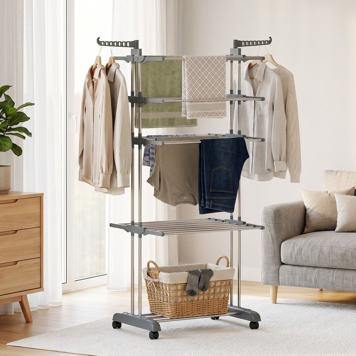 Séchoir à linge pliable 4 niveaux avec roulettes, étendoir linge intérieur avec ailes latérales, cadre en acier, gris-7