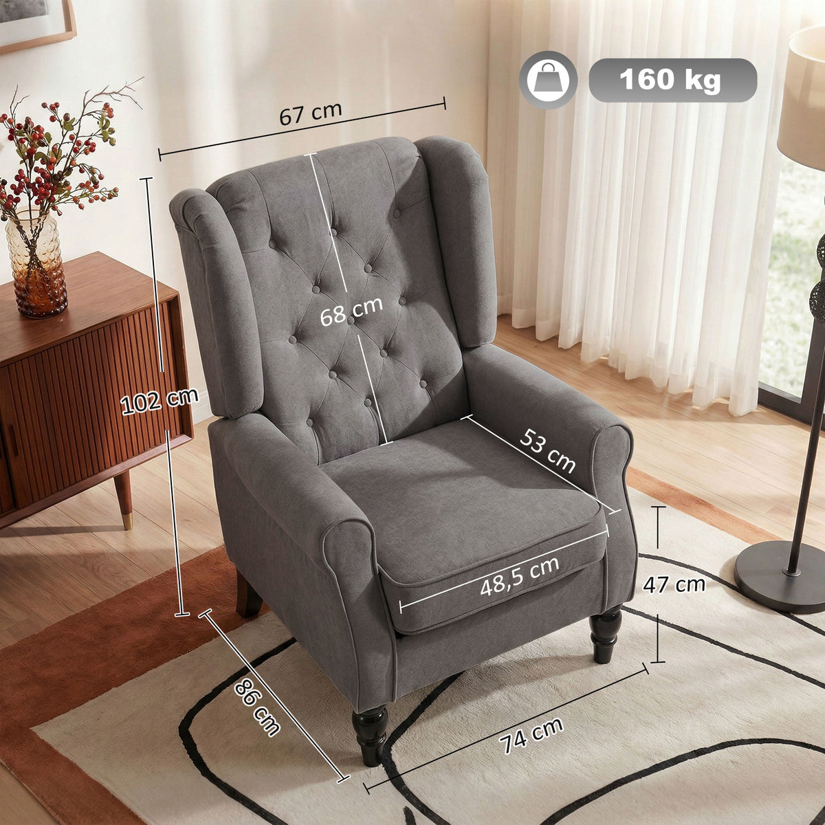 Fauteuil de Salon, Fauteuil d'Appoint Mi-Siècle Moderne en Velours avec Haut Dossier Capitonné à Oreilles, Gris-2