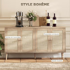 Buffet salon meuble de rangement placards à portes en cannage et étagère réglable 140 x 40 x 75 cm effet bois naturel-4