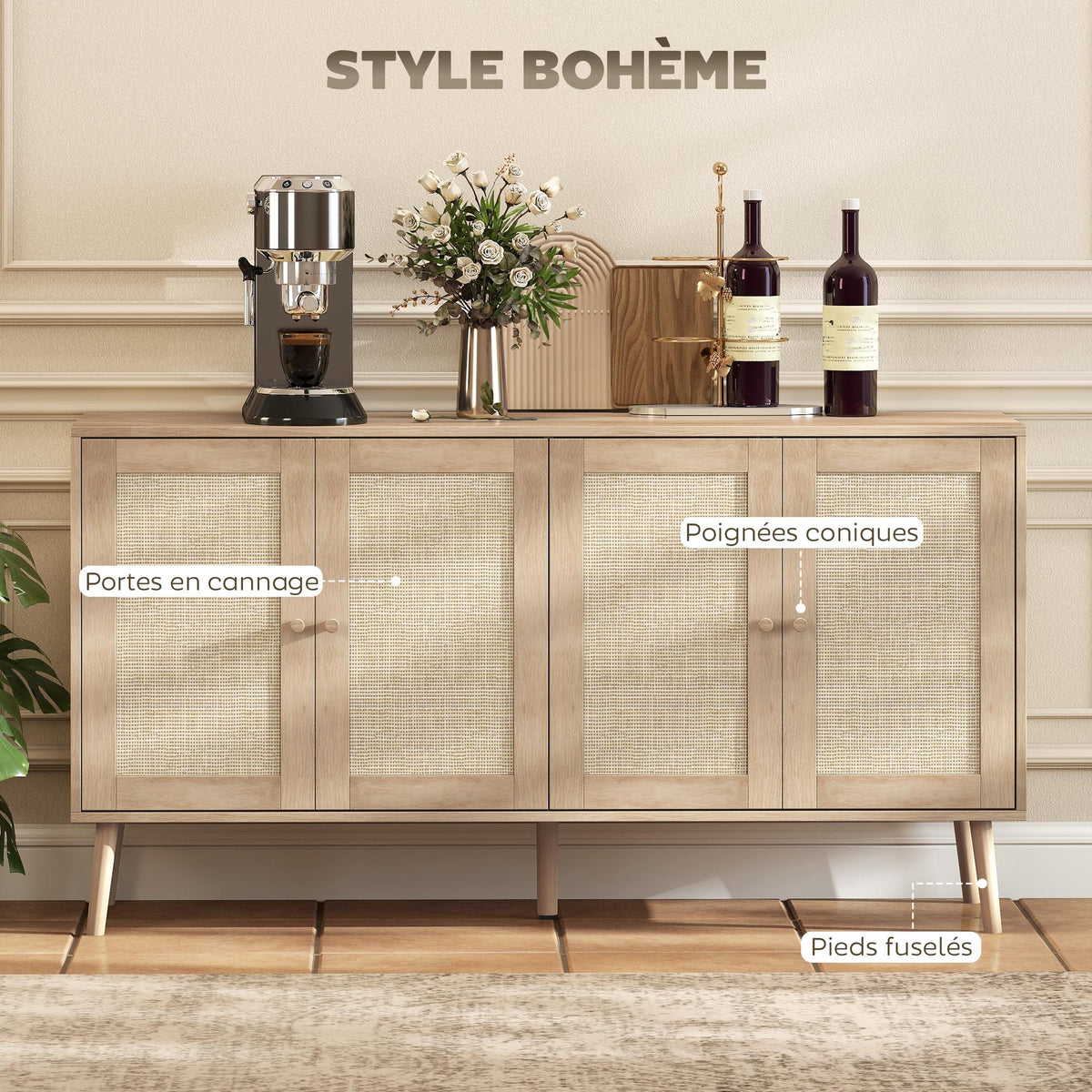 Buffet salon meuble de rangement placards à portes en cannage et étagère réglable 140 x 40 x 75 cm effet bois naturel-4