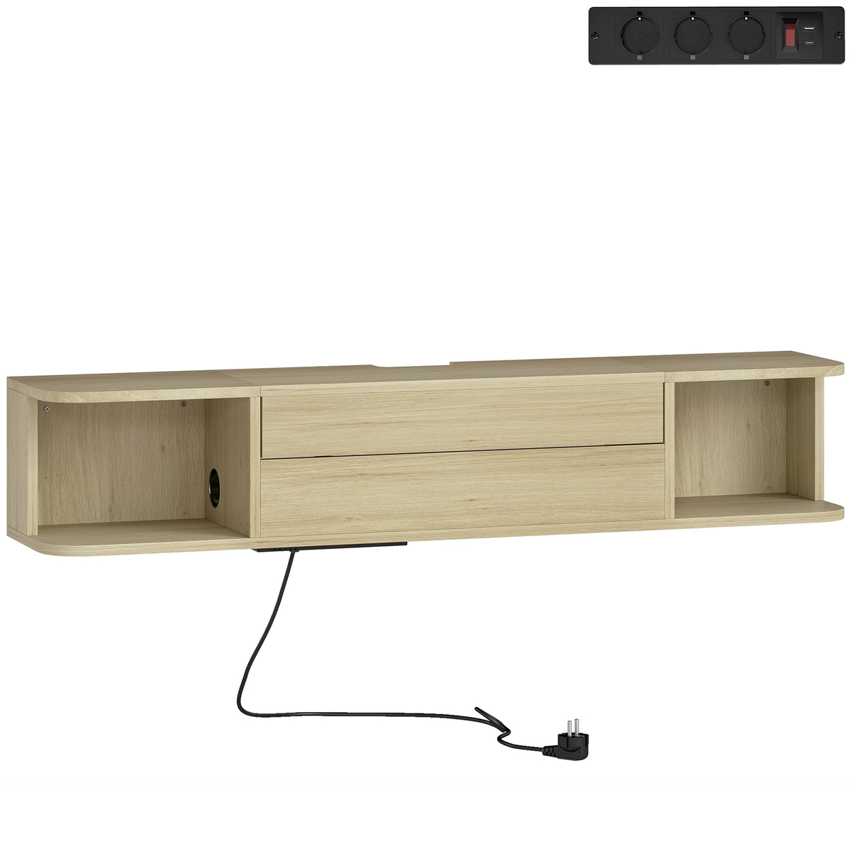 Meuble TV suspendu meuble télé pour téléviseur 50 pouces tiroir étagères passe-câbles 120x24x22,4cm effet bois naturel-0
