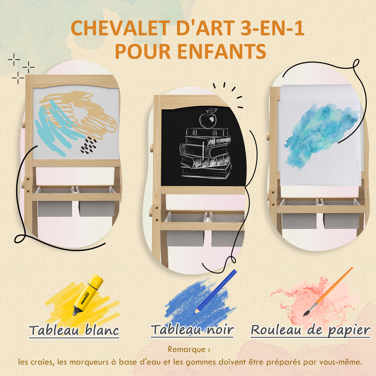 Tableau chevalet enfant ardoise double face tableau blanc tableau à craie rouleau papier 58 x 50,5 x 109 cm naturel-3