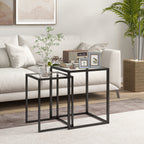 Lot de 2 tables basse gigogne, tables d'appoint empilable, plateau verre trempé cadre acier, patins antidérapants, noir-1
