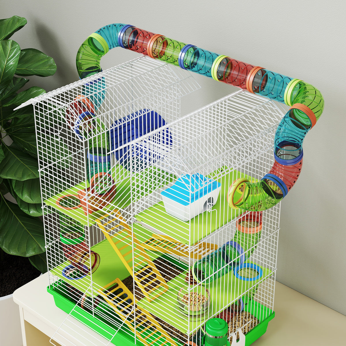 Cage pour hamster souris petit animaux rongeur avec tunnel mangeoire roue jouet 47 x 30 x 59 cm vert-7