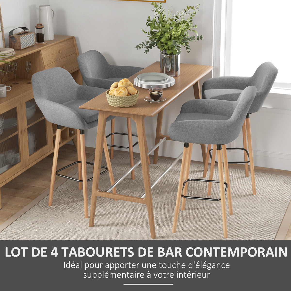 Tabourets de Bar Design scandinave Lot de 4 tabourets de Bar avec Repose-Pieds et accoudoirs Bois massif Lin Gris foncé-3