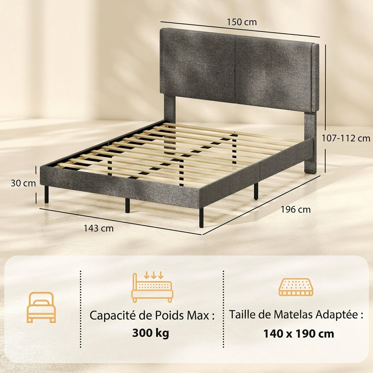 Cadre de Lit 140 x 190 cm avec Sommier et Tête Réglable, Lit Double Rembourré en Lin, Rangement au-dessous, Gris-2