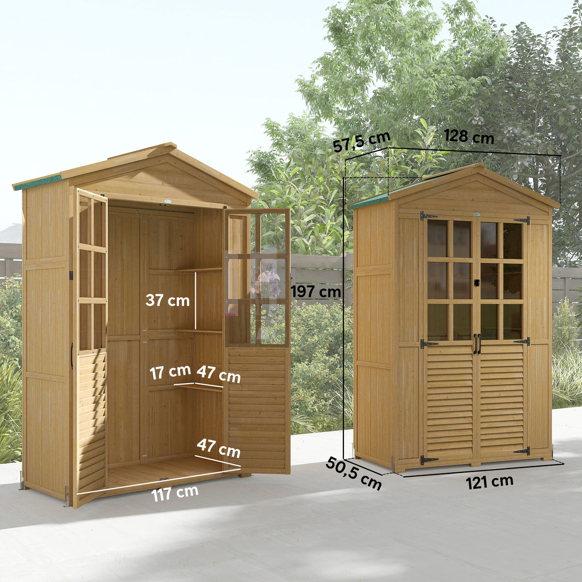 Abri de jardin Armoire de jardin pour outils avec Étagères et Fenêtres en Acrylique, 128 x 57,5 x 197 cm marron clair-2