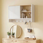 Armoire murale de salle de bain, meuble de rangement de salle de bains avec porte, étagères ouvertes et 5 crochets-7
