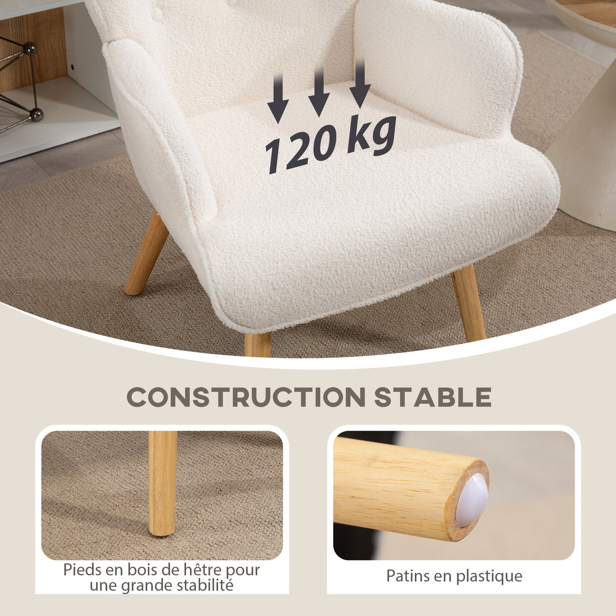Fauteuil de salon en tissu bouclette, fauteuil capitonné et rembourré avec pieds en bois, 71 x 74 x 96 cm, beige-5