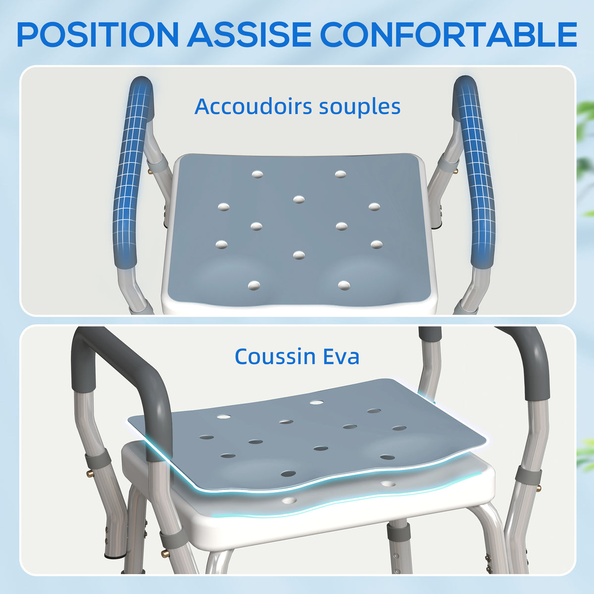 Tabouret de douche pour personnes âgées et handicapées avec accoudoirs, hauteur réglable, patins antidérapants, bleu-4
