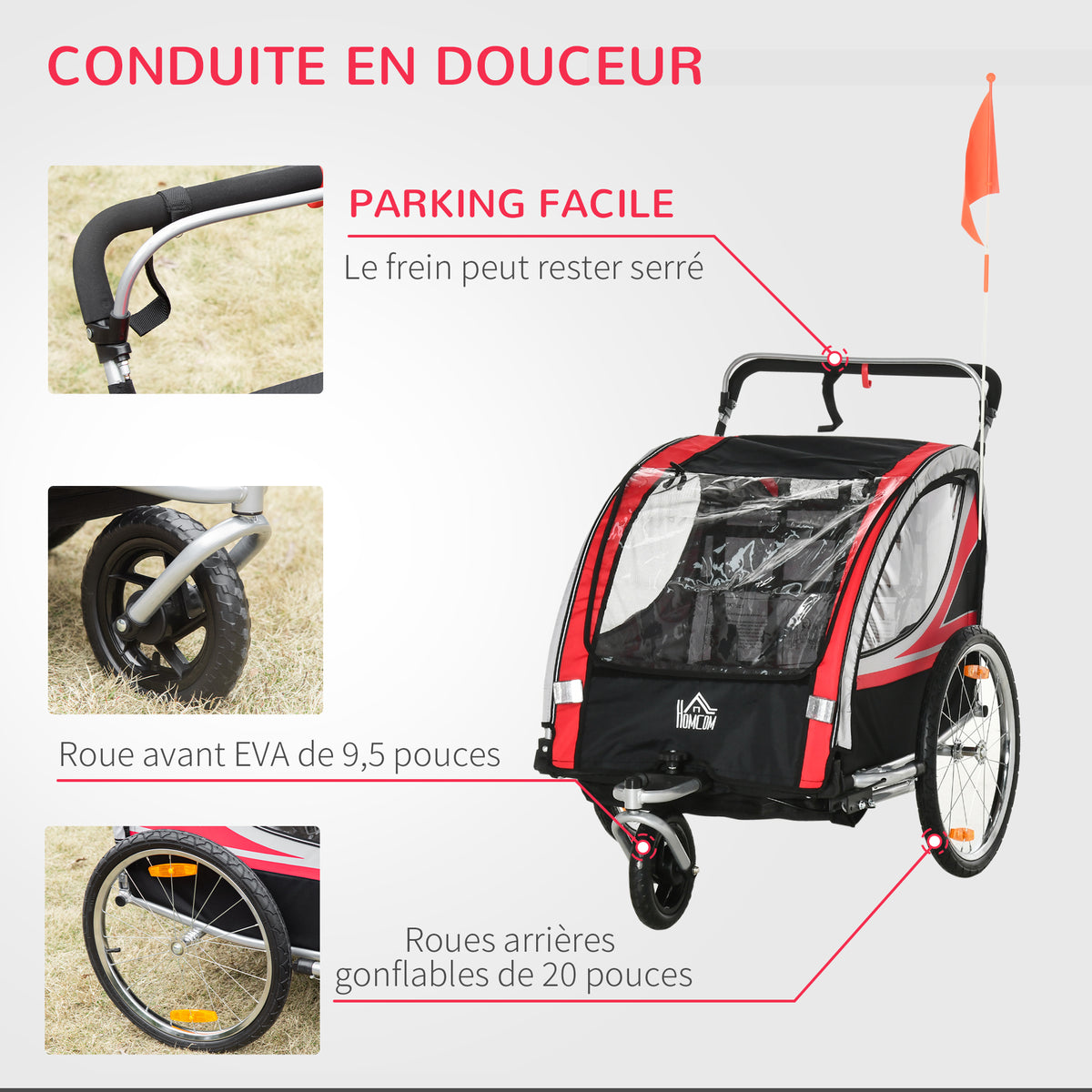 Remorque vélo pour enfant 2 en 1 convertible jogger poussette capacité 26,4 kg avec réflecteurs et drapeau - 2 places - rouge-4