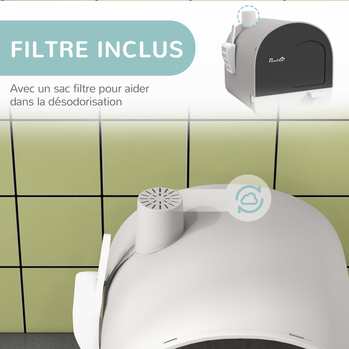 Bac à litière pour chat avec porte battante pelle et filtre inclus dim. 43L x 44l x 47H cm gris-5
