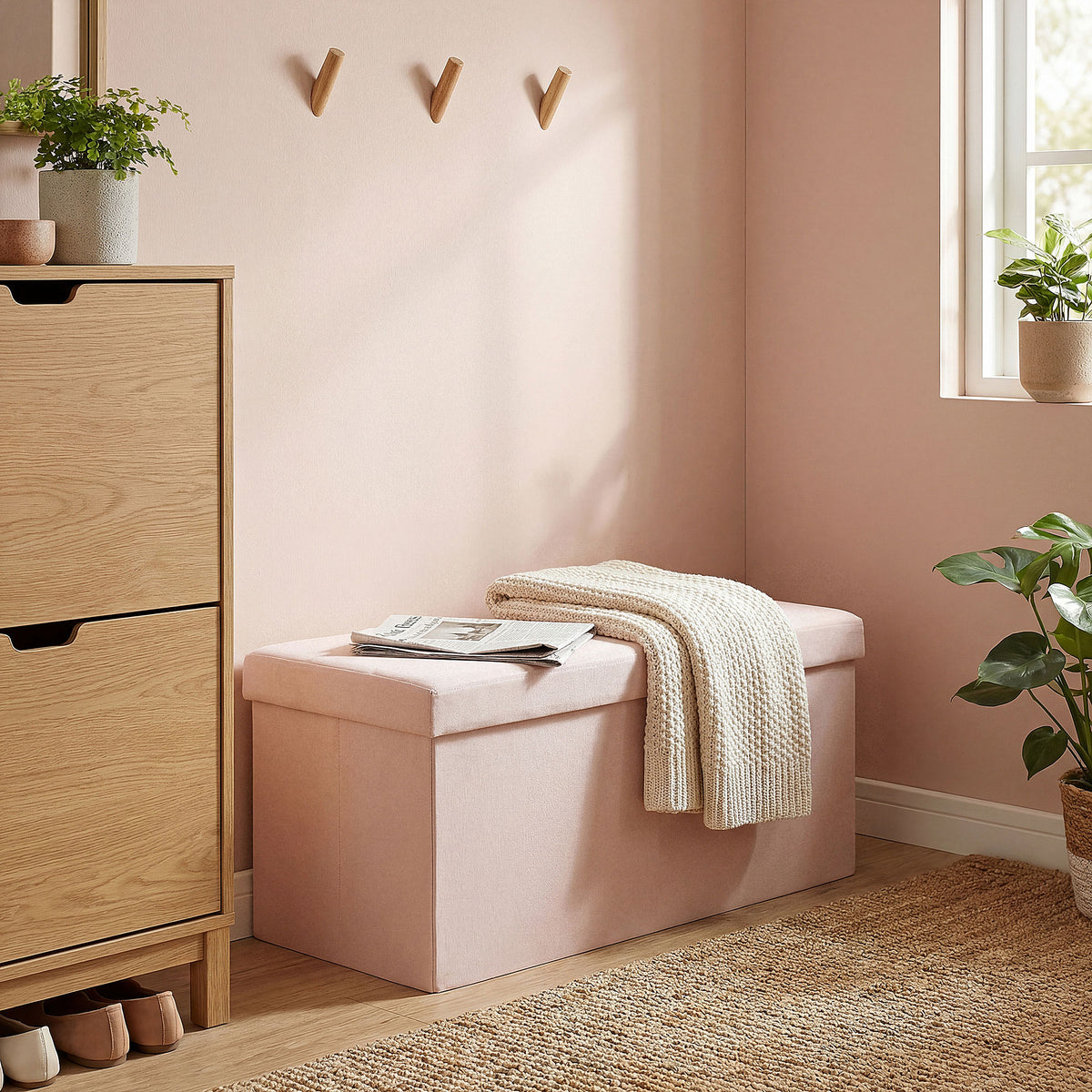 Banc de Rangement, Pouf de Rangement Pliable, Bout de Lit, Repose-Pieds avec Couvercle, 76L x 38l x 38H cm, Rose-6